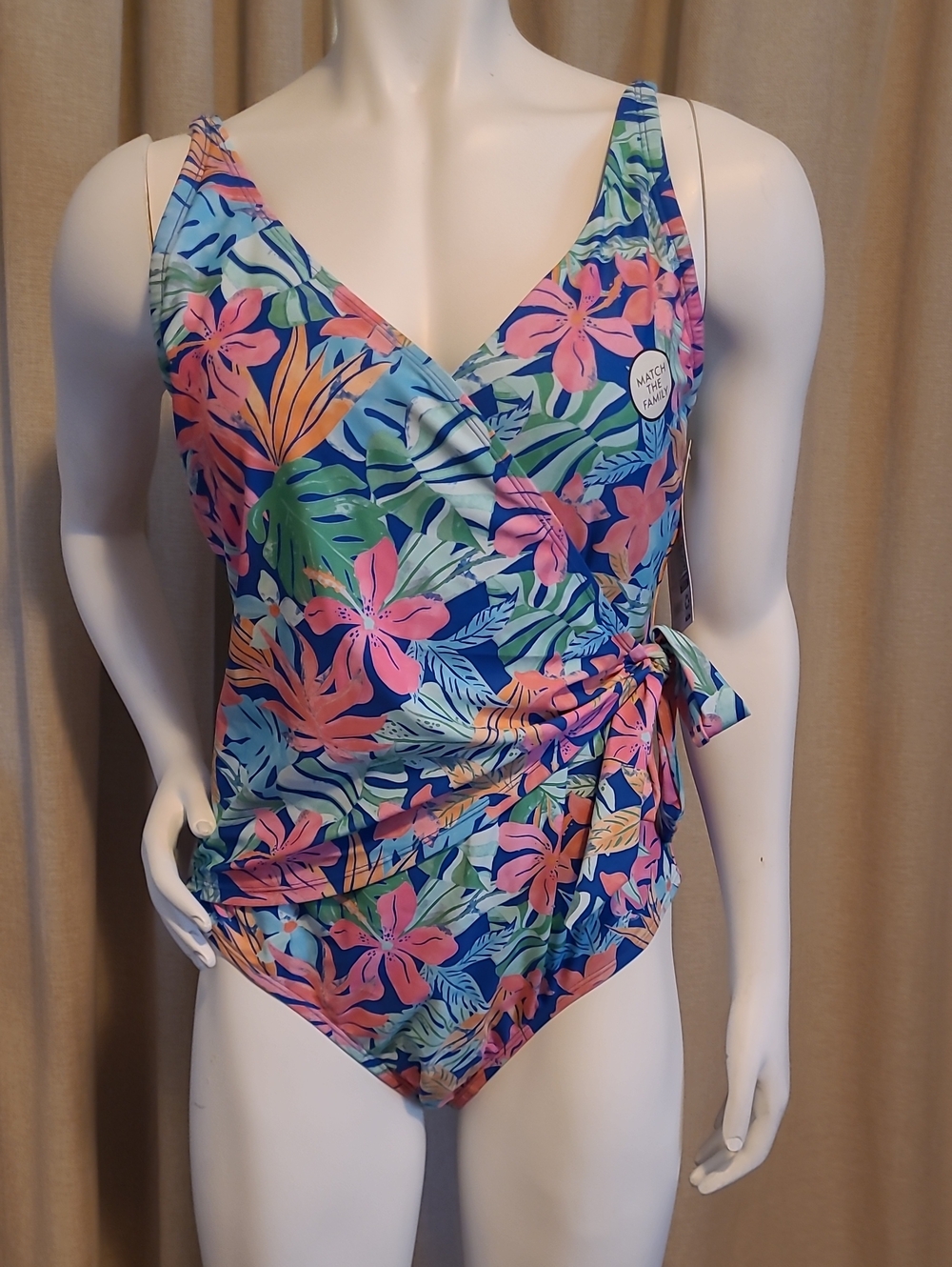 Tropical Floral Wrap One-Piece Swimsuit - Blue/Pink